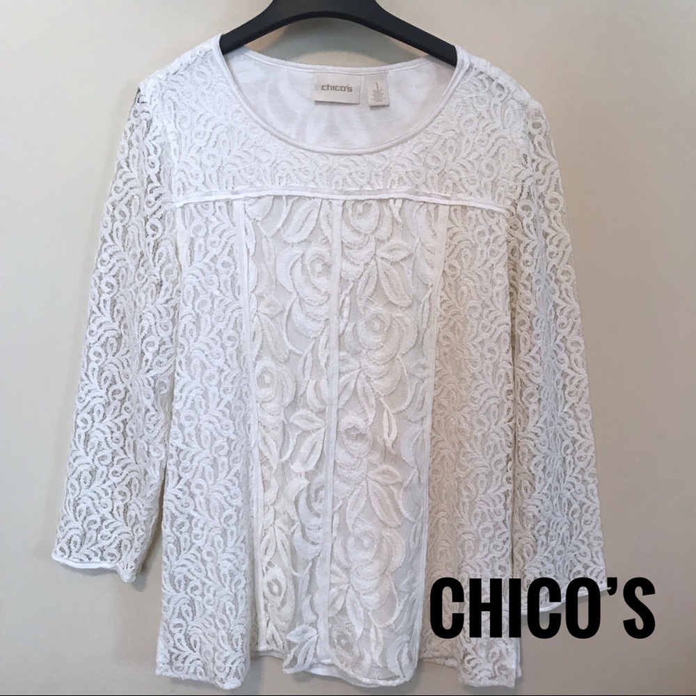 SOLD EUC Chico’s White Knit Long Sleeve Lace Top S - Picture 1 of 7